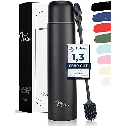 Milu Thermosflasche Thermoskanne Isolierflasche 1L, 750ml, 500ml - Isolierte Edelstahl Trinkflasche, 100% Auslaufsicher, Doppelwandisolierung (Schwarz, 1000 ml) Cover