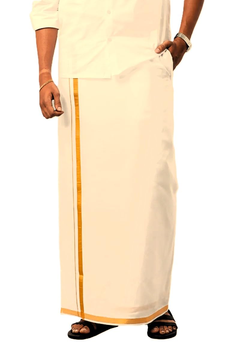 yhwh Men's Velcro Pocket Dhoti with Zari Border – 100% Pure Cotton Stitched Dhoti, Cream Color (2.25 Meters)-picture-49