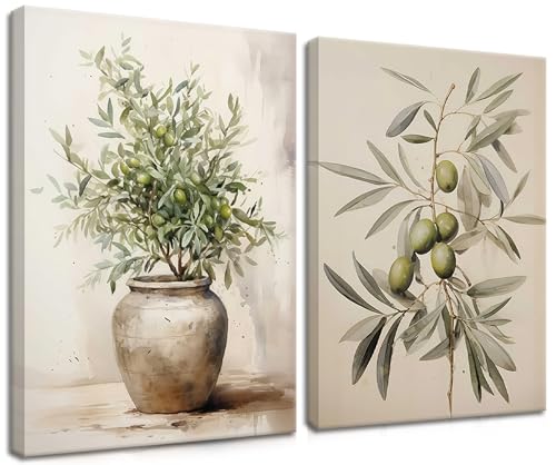 2Pcs Framed Botanical Wall Art Green Olive Branches Poster Print Neutral Farmhous Plant Picture Canvas Painting Wall decor for Living Room Kitchen or Dining Room Decor 12x16IN