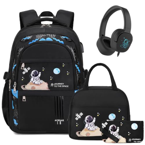 Image of ACESAK 4PCS Boys Backpack with Wired Headphones, Lunch Bag & Pencil Case