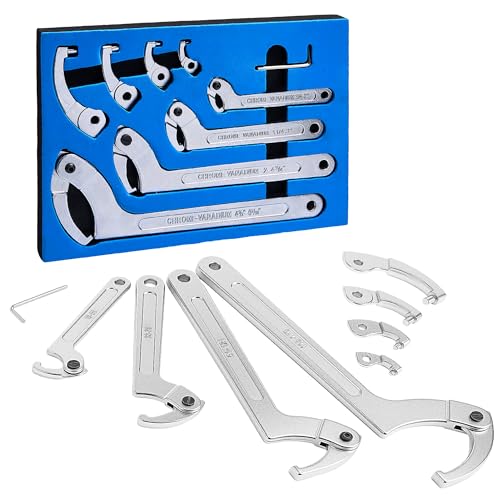 KOOPOOL Adjustable Pin Spanner Wrench Set, 9pcs C Spanner Nut Wrench Tools with Changeable Round Heads, Coilover Hook Wrenches for Suspension System, Bearings, 3/4