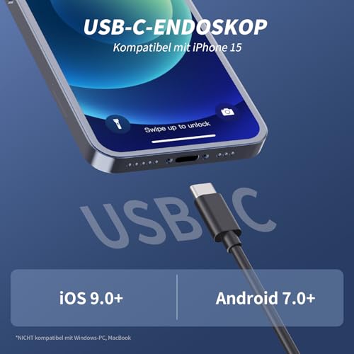 Endoskopkamera mit Licht, 1080P HD Endoskop-Kamera Handy mit Licht Wasserdichtes Ip67 Kein WLAN Erforderlich Inspektionskamera Kanal-kamera Handy mit 8 LED Licht für Android & iOS, Tablet (16.4 ft/5m)