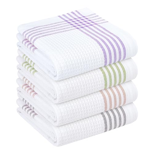Image of Waffle White & Multi Colors Kitchen Towels 4 Pack, 100% Cotton, 16x26 inches, Quick Dry Dishcloths, Ideal Dish Towel for Drying, Wiping - Lavender, Lemon Green, Beige, Light Grey