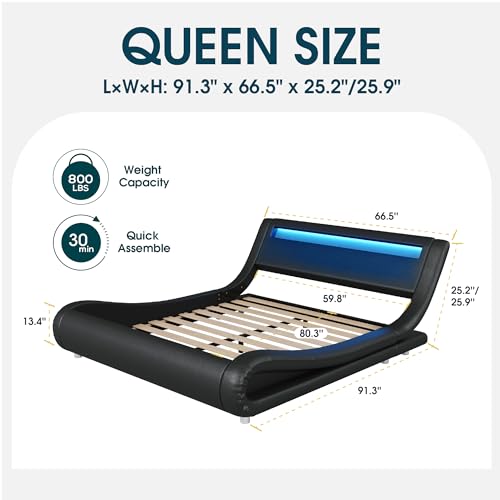 WEEWAY Modern Queen Bed Frame with RGBW LED Lights Headboard, Low Profile Upholstered Platform Sleigh Design, Strong Wood Slats Support, No Box Spring Needed, Black - Thumbnail 2