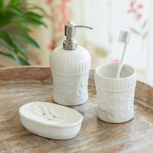Image of ExclusiveLane 'Ivory Essence' Ceramic Soap Dispenser Set for Bathroom Wash Basin Bathroom Accessories Set of 3 (Liquid Soap Dispenser, Toothbrush Holder, Soap Tray Holder, Hand-Embossed)