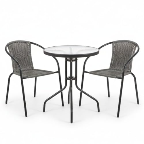 LOLAhome Conjunto Jardín Exterior Mesa y 2 Sillas | Mesa Cristal Templado Ø60cm| 2 Sillones Ratan Gris, apilables | Pintura Epoxi Anticorrosión, Resistente y Duradero | Balcón, Terraza | Trivia