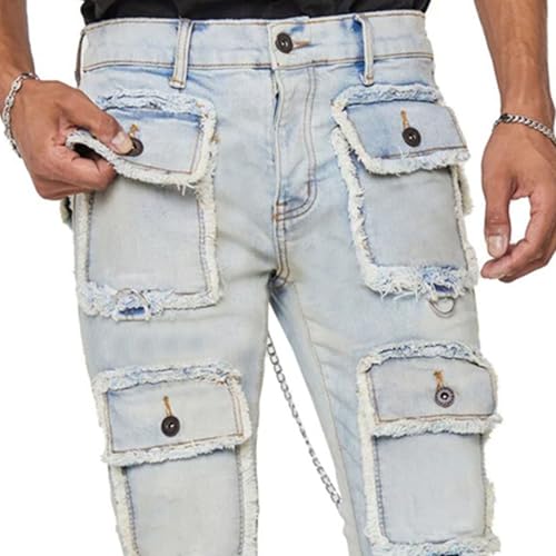 Men's Stacked Stretch Jeans Ripped Skinny Streetwear Cargo Pants Fashion Distressed Drawstring Waist Multi-Pocket3