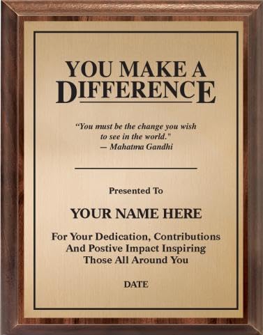 Crown Awards You Make A Difference Motivational Plaque, 7x9 Custom Engraved Wood Recognition Award