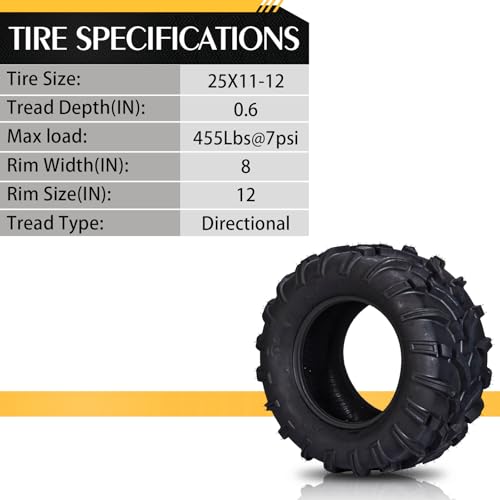 SUNROAD Set of 2 ATV UTV Tires 25x11-12 All Terrain Mud Tires 25x11x12 25-11-12 Tubeless,6PR,2PCS - Thumbnail 5
