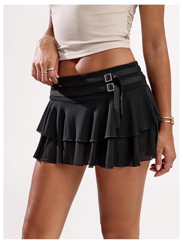 Women's Drop Waist Ruffle Layered Skirts Y2K Elegant Pleated Mini Skirt2