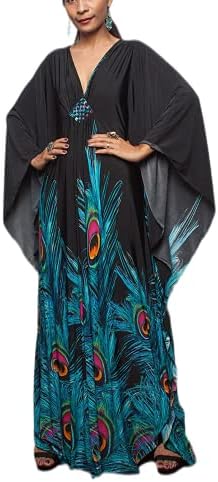 Swimsuit Cover ups Women's Black Blue Peacock Turkish Caftan Silk Wrinkle Ethnic Print Plus Size Kaftans Floral Print Batwing Sleeve Over Sized Caftans Lounge wear Maxi Beach Dress 8693-11