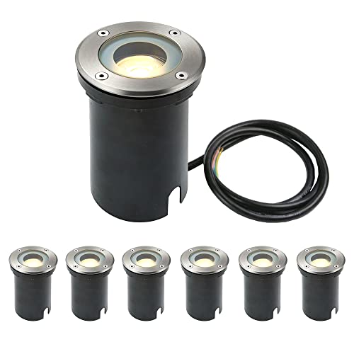 National Lighting Buried Uplighters - Pack of 6 Recessed Ground Lights - IP65 Weatherproof Walk Over Decking Lights - Round Outdoor Lights - 50W 240V Halogen or LED GU10 (Not Included)