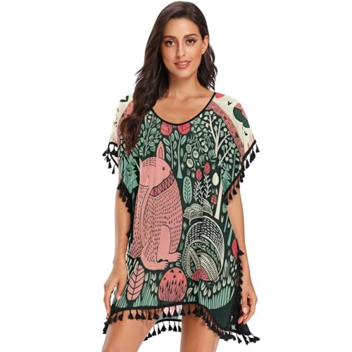 Cartoon Line Art Hedgehogs Women's Beach Cover Up Chiffon Tassel Swimwear Swimsuit Coverups for Girl