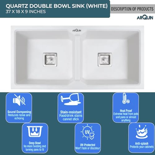Image of ARQUIN Double Bowl Quartz Kitchen Sink 37x18x9 Inch White | Durable & Scratch-Resistant Sink | Undermount,Topmount | Including Coupling,Sink Connector,Waste Pipe & Fruit Washing Basket