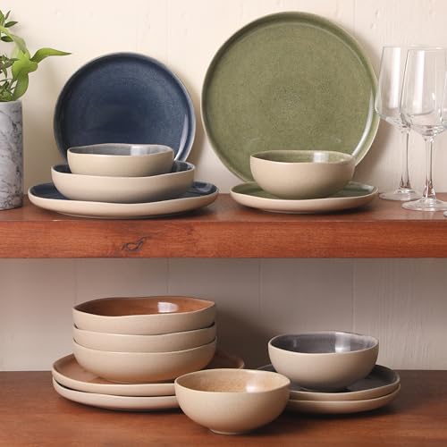 Image of Gibson Elite Manila Bay 16-Piece Stoneware Dinnerware Set, Service for 4, Reactive Glaze Modern Artisan Plates, Bowls & Mugs, Assorted Colors, Round Design