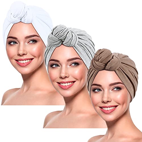 DANMY Women's Beanie Turban Hats, Indian Hats Headscarves, Beanie Hats for Women,Turban for Women, 3pcs-gray/White/Khaki, L