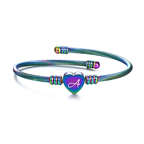 MYNENEY Gold/Rainbow Stainless Steel Bangles Jewery for Birthday Halloween Heart Initial A-Z Letters Bracelets for Girls