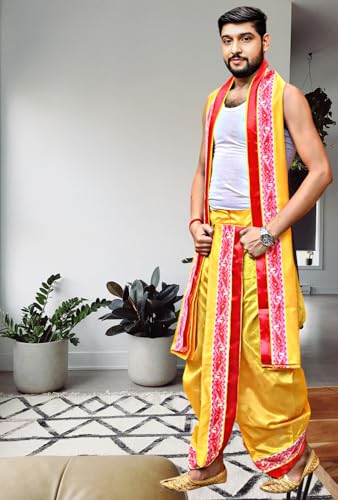 Image of Men's Ethnic | Traditional Ready to wear (Pant System) Readymade Panchakacham Dhoti With Angavastram(Towel) Set, Tassar Silk, Free Size (GC002)
