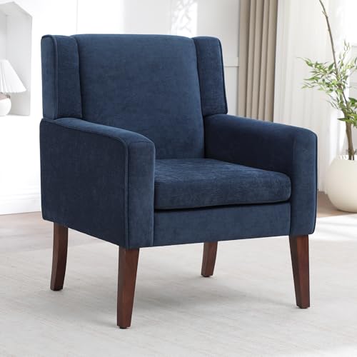 Image of Accent Chairs for Living Room, Mid-Century Reading Chair with Wood Legs, Upholstered Comfy Living Room Chair for Bedroom, Apartment, Waiting Room, Blue