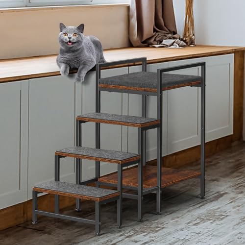 CADUKE Hundetreppe für Bett, robuste Katzentreppe aus Metall und Holz, 4 Stufen Haustiertreppe für alte Katzen, kleine Hunde, Braun und Schwarz, 33 x 85 x 63cm