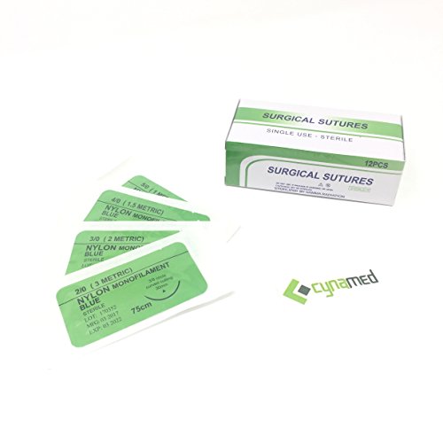 CynaMed Suture Thread with Needle (12-Pack) - Training Sutures Pkg. of 12 (12, 5 0, 30mm Blade, 1 2 Reverse Cutting)