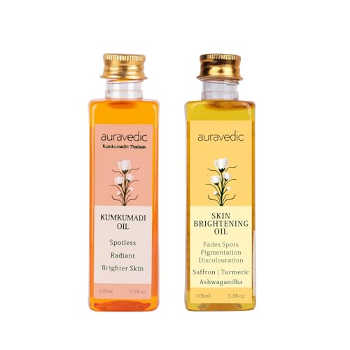 Auravedic Kumkumadi Oil & Skin Oil Combo | Saffron, Turmeric and Winter Cherry Infused Face Moisturizer | Hydrating & Moisturizing | for All Skin Types | 3.38Fl Oz (100ml)