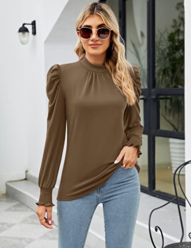 Image of LUYAA Puff Long Sleeve Shirts for Women Tops Dressy Casual Frill Mock Neck Smocked Cuffs Blouses
