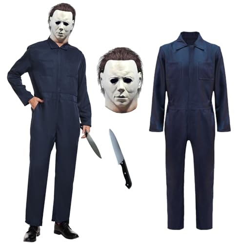 Adult Navy Blue Jumpsuit Coveralls with Mask And Classic Knife (Medium)