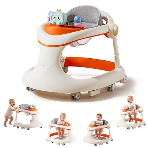 Baby Walker with Wheels, 5-in-1 Foldable Baby Walker for Boys and Girls 7-18 Months with Adjustable Height Detachable Seat and Music Tray Baby Activity Walker, Anti-Fall Activity Center for Boys Girls
