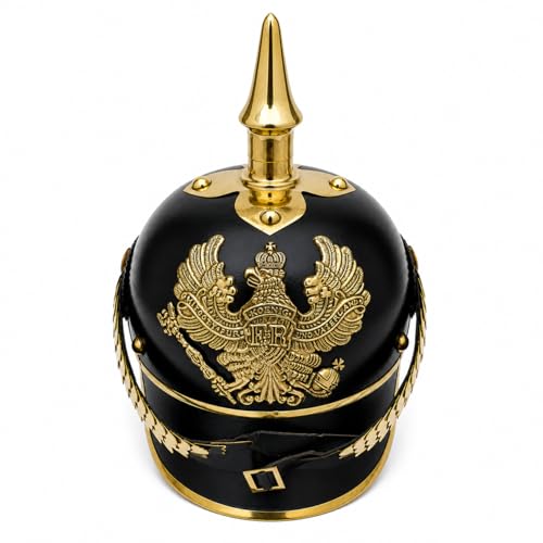 Casque Pickelhaube prussien en fer et cuir noir avec laiton forgé main