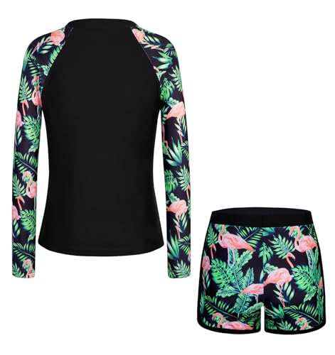 Dolxico Girls Rash Guard Swimsuits 2 Piece Long Sleeve Bathing Suits UPF 50+ Half Zip Printed Boyshorts Girls' Summer Beach Swimwear Size 6-7 Years(Flamingo) — view 6