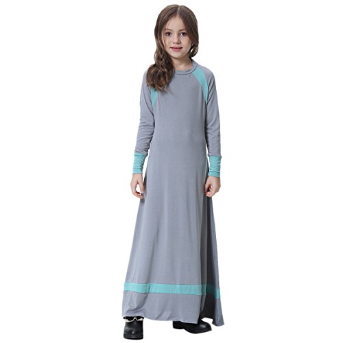 Girls Muslim Dresses for Kids Long Sleeve Color Block Islamic Dubai Robe Loose Fit Kaftan Maxi Gown Abaya Burka Hijab Dress Middle East Prayer Arabic Party Long Dress Casual Clothes Gray 12-13Y