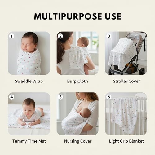 Image of Muslin Cotton Baby Swaddle | 110 x 100 cm | Ultra-Soft, Breathable & Lightweight | Multipurpose | Hypoallergenic | Unisex | Ideal Newborn Baby Gift (P1- Polka Dots)