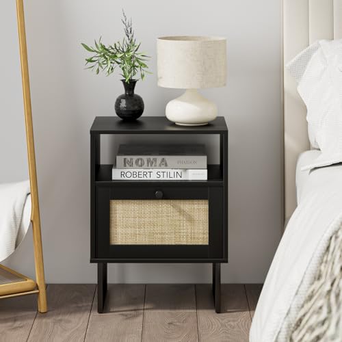 Image of Masupu Rattan Nightstand,Boho Night Stand Modern Farmhouse Wood Bedside Table with Storage Drawer and Open Shelf,Side End Table for Bedroom,Living Room,Office Black