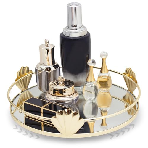 HARLIANGXY Bandeja Redonda con Espejo, Bandeja de Perfume Giratoria 360°, Bandeja Cosmética de Cristal, Bandeja Organizadora de Maquillaje, Bandeja para Velas de Metal, Bandeja para Joyas