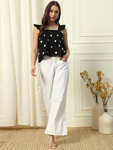 Image of FIORRA Women's Cotton Regular Fit Crop Top with Embroidery Detail and Solid Pattern