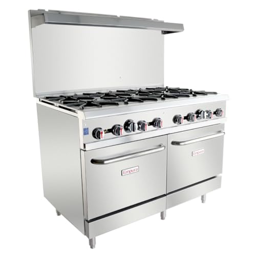 EMPURA 48" Double Base Liquid Propane Gas Range | Commercial Cooking Stove with Standard Oven and Cast-Iron Grate for Buffet | (8) Burners, 30,000 BTU, 48"W x 32.50"D x 59.75"H, Stainless Steel, NSF