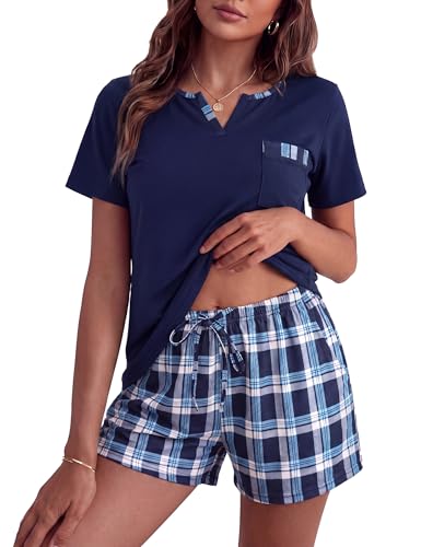 Bresdk Pijama Corto para Mujer Conjunto de Noche en Cuadros de Algodón para el Hogar