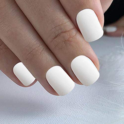 24 Pcs Fake Nails Matte Short Square Nails Full Cover Nail Art Medium FALSE Gel Nails Tips Sets for Women Teens Girls (White)