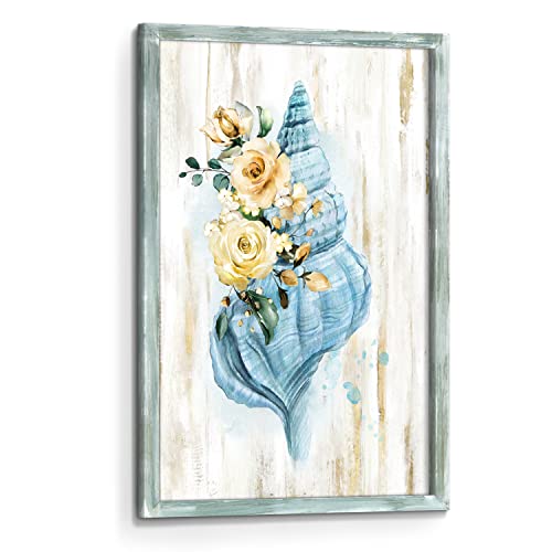Beach Conch Shell Painting Picture: Framed Rustic Wooden Wall Art Coastal Sea Life Artwork Print Modern Living Room Bedroom Bathroom Wall Decoration For Home Office Decor 24"X16" #TOP17