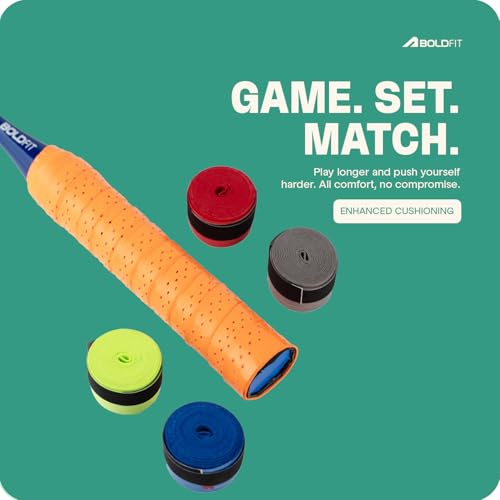 Image of Boldfit Badminton Grip Multicolor Anti Slip Perforated Tennis Racket Grip Tape Sweat Absorbent Overgrip Tape Strong Badminton Racket Grip for Handle Grip Tennis Bat Handle Gripper AeroGrip Pack of 5
