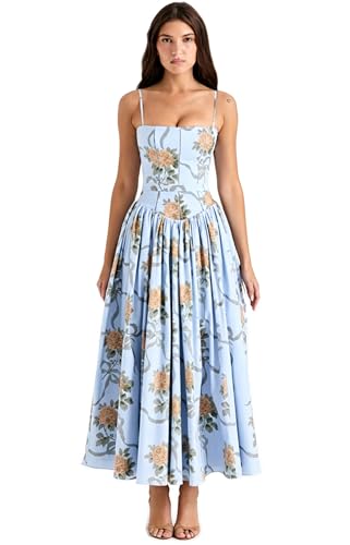 DABRORICESTAR Women’s Elegant Corset Maxi Dress Spaghetti Strap A Line Summer Wedding Guest Gown (US, Alpha, Large, Regular, Regular, Blue Floral)