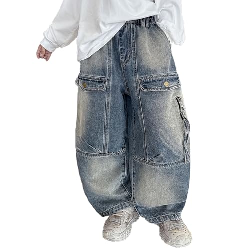 Boys Jeans Baggy Vintage Straight Leg Denim Cargo Pants with Pockets Elastic High Waist Hip Hop Pant 4-14 Years