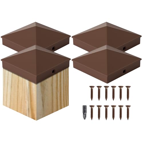 Image of VIVIDA 6x6 Aluminum Post Caps(Actual 5.5 inch x 5.5 inch), Metal Fence Post Caps with Waterproof Matte Powder Coated, for Wooden Fence, Deck, Mailbox, Patio, Screw & Driver Bit Included, Brown, 4 Pack