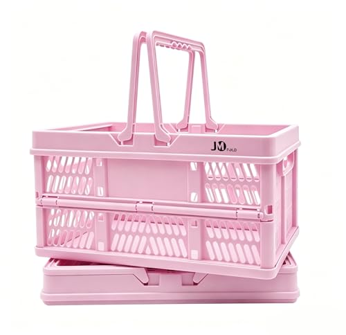 Image of 2-Pack Folding Storage Basket, 20L Collapsible Plastic Storage Crates with Handles, Heavy-Duty Stackable Bins for Home Organization, Closet, Office, Garage (Pink)