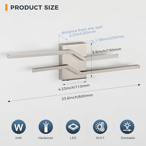 Image of 24 Inch Vnaity Lighting Led Bathroom Lights Over Mirror Brushed Nickel Dimmable 5CCT 24W Modern Bath Vanity Lights Bar Wall Sconces