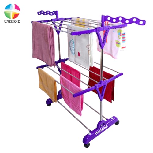 Image of UNIZONE Premium 2-Tier Foldable Cloth Drying Stand | Stainless Steel Laundry Rack with 14 Rods, 2 Shoe Rods, 12 Hanger Slots & 16 Hooks | Indoor & Balcony Clothes Dryer