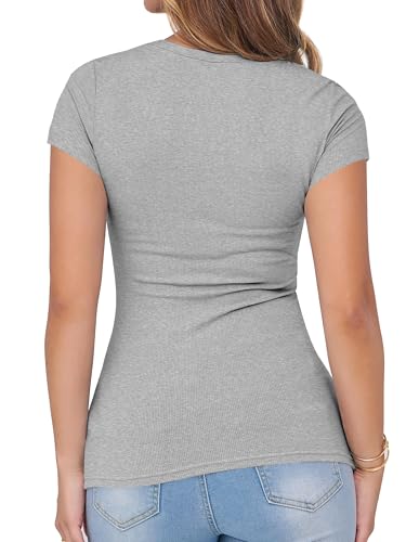 Image of Albe Rita Women Short Sleeve T-Shirt Cap V Neck Shirts for Women Ribbed Casual Top Knit Slim Fit for Summer