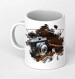 Fabricado en Alemania Analógico en la cámara de fotos frente a la antigua maleta como taza de 300 ml, de cerámica blanca, ideal como regalo o su nueva taza favorita.