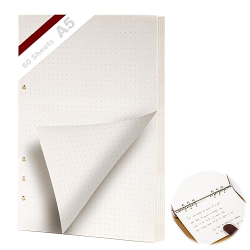 KINETOX 1 Paquetes Recambio Agenda A5 6 Anillas 60 Hojas Recambio para Carpeta Anillas Hojas Papel de Recambio a5 Punteado de Agenda Filofax diario de bocetos Archivador A5 Carpeta
